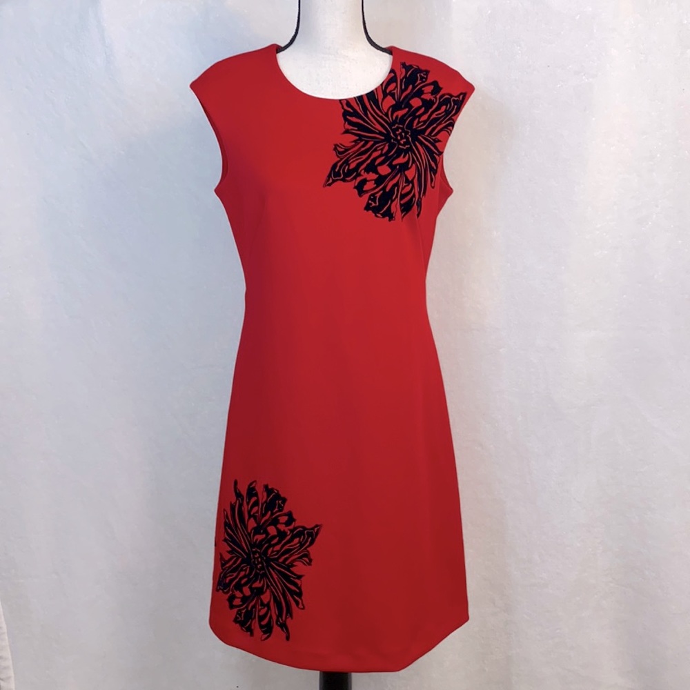 Calvin Klein Red Scuba Dress With Black Velvet Accents